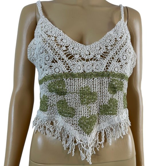 Women Boho Blouse Crop Top Crochet Small Ivory Green Hem Fringe Sleeveless V-Nec - Picture 6 of 16